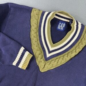 Vintage 90s Gap Tennis Sweater Cable Knit Collar‎ V Neck Preppy Navy Size Medium